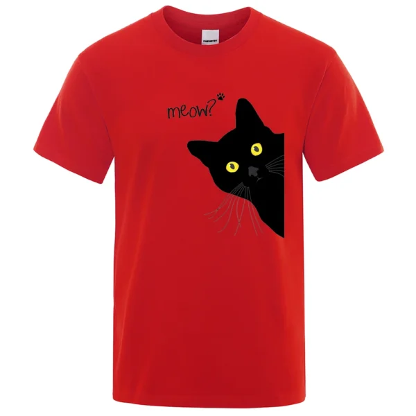 Men's oversized black cotton t-shirt with a funny cartoon black cat print and the word 'Meow'. Streetwear style.