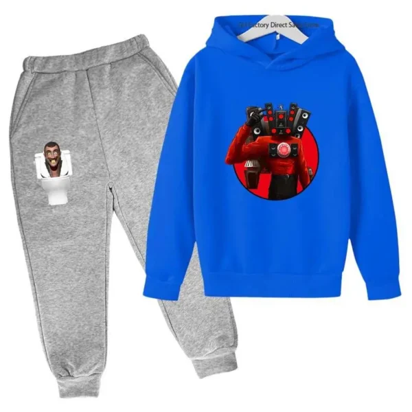 Kids Skibidi Toilet funny cartoon print hoodie and pants tracksuit set (ages 3-13) - front view. ```