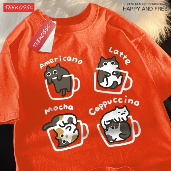 Mocha Latte Cat design printed on a soft cotton unisex t-shirt for cat and coffee lovers.