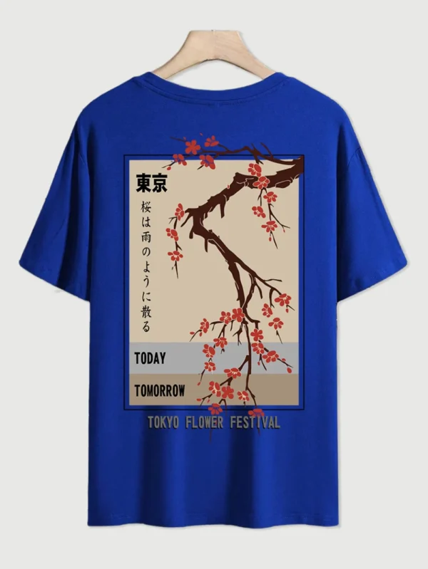 Men's O-neck cotton t-shirt featuring 'Tokyo Flower Festival' graphic print - summer streetwear style.
