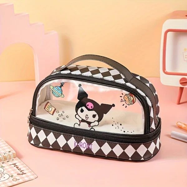 MINISO Hello Kitty and Kuromi large PU leather cosmetic bag with internal organizer compartments shown on white background.