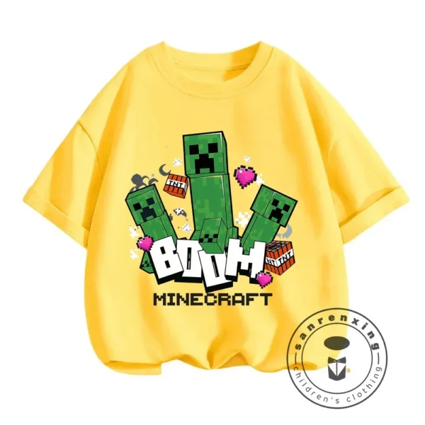 Young boy wearing a blue short-sleeve t-shirt with a large colourful graphic of the Minecraft character CatNap on the front.