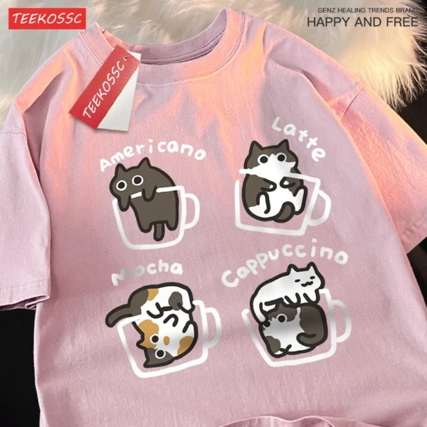Mocha Latte Cat design printed on a soft cotton unisex t-shirt for cat and coffee lovers.