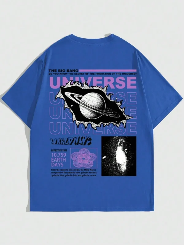 Man wearing the black 'Secret of the Big Bang' universe graphic cotton t-shirt for summer streetwear.