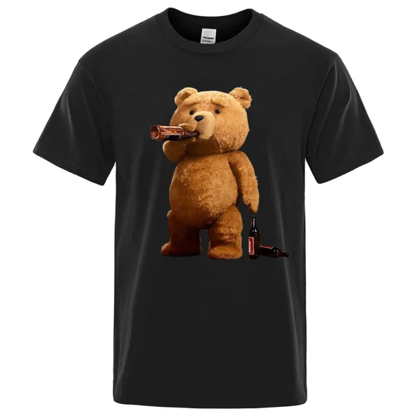 Men's grey casual t-shirt with a funny graphic print showing a cartoon teddy bear drinking a pint of beer.