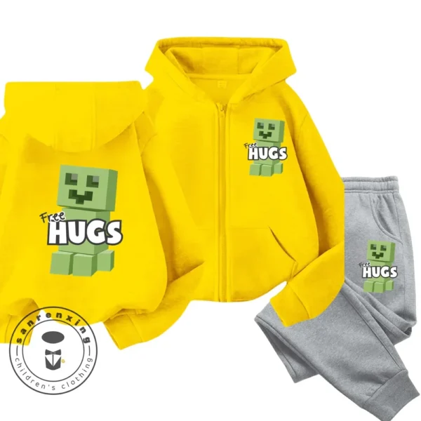 Child wearing Minecraft themed zipper hoodie and matching pants set with hood up.