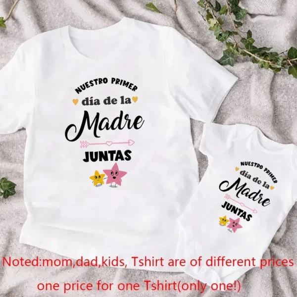 Mom and baby wearing matching white 'Our First Mother's Day' t-shirt and bodysuit outfit set.