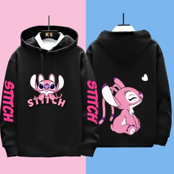 Couple wearing matching grey Disney Stitch pullover hoodies sweatshirt set - official licensed apparel.