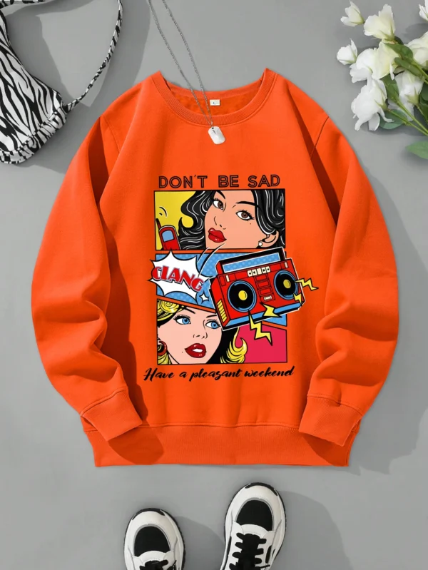 Women's casual warm fleece sweatshirt with a cartoon graphic print.