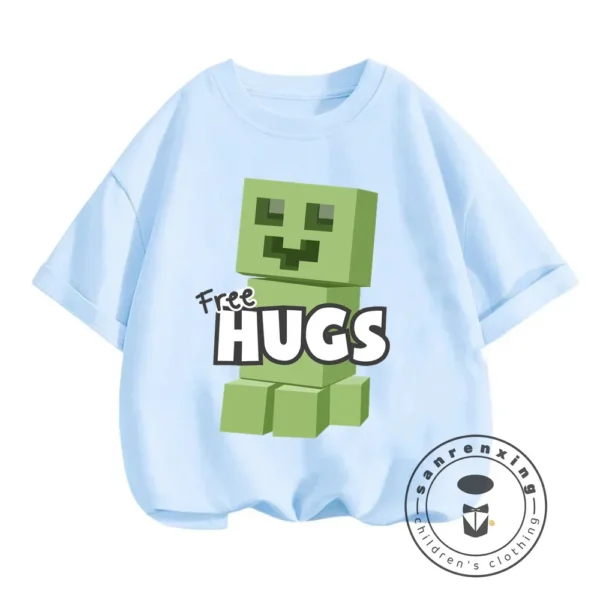 Front view of a boys short-sleeve O-neck t-shirt with a Minecraft graphic print.