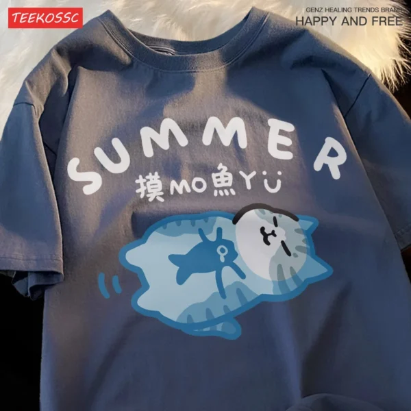 Cute Fishing Cat T-Shirt for men and women.