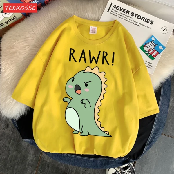 Women's regular fit short sleeve t-shirt with a fierce cartoon dinosaur print on the front.