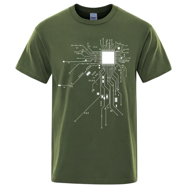 Men's cotton t-shirt featuring a detailed white CPU processor circuit diagram graphic on a dark background.