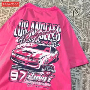 Loose fit t-shirt featuring a vibrant cartoon racing car graphic print.