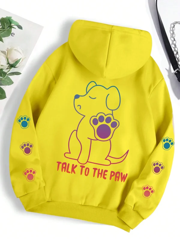 Grey fleece pullover hoodie for women with funny 'Talks To The Paw' dog print.