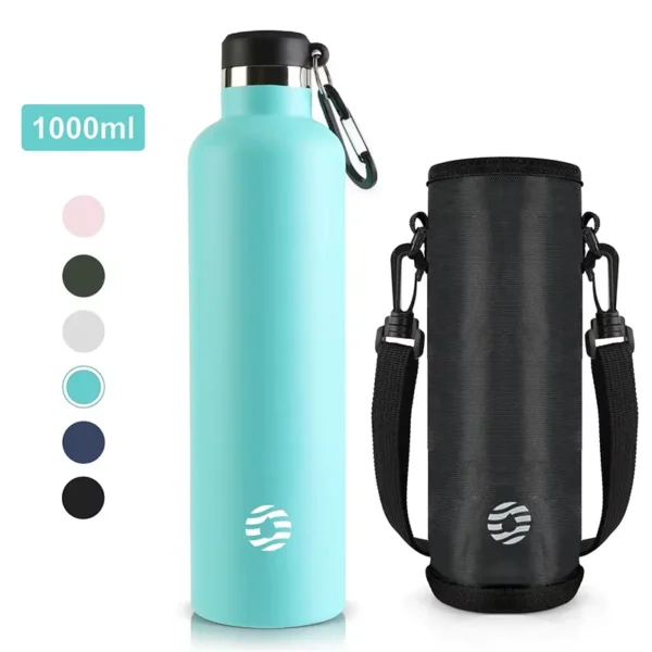 FEIJIAN 1L silver stainless steel vacuum insulated water bottle with leak-proof cap.