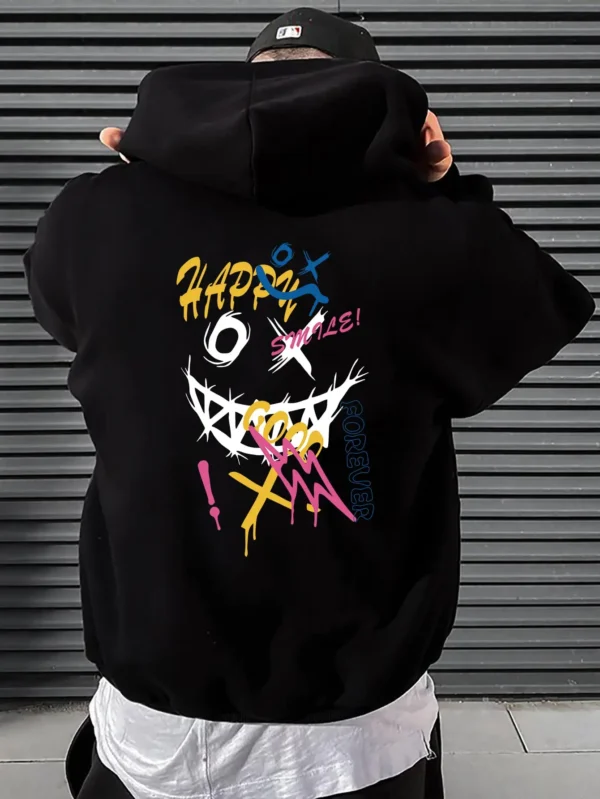 Men's colorful funny comic graphic print pullover hoodie with front pocket - soft autumn streetwear style.