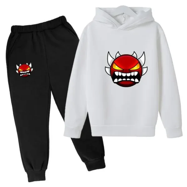 Kids cartoon geometric print pullover hoodie and matching pants tracksuit set for boys and girls.