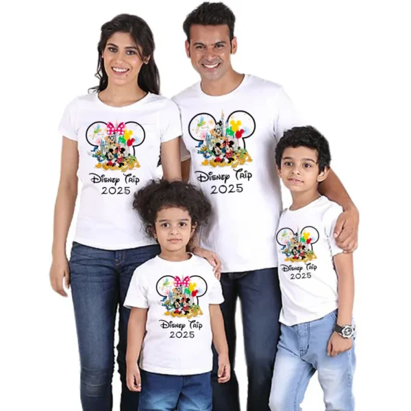 Family in matching funny Mickey and Minnie shirts designed for a 2025 Disney vacation.