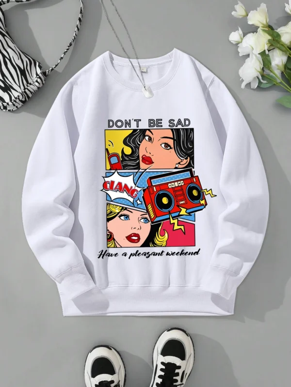 Women's casual warm fleece sweatshirt with a cartoon graphic print.