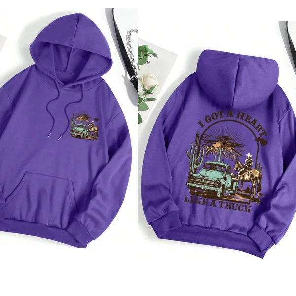 Women's casual streetwear hoodie with graphic print and warm faux fur lining - Autumn/Winter style. ```