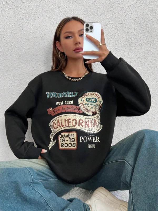 Women's loose fit fleece-lined hoodie sweatshirt with 'California Yourself' letter print on the front.