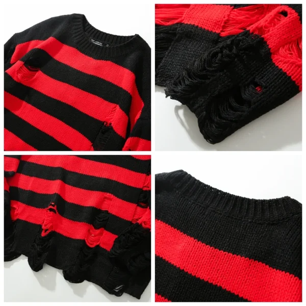 Men's red and black striped punk sweater with ripped detail.
