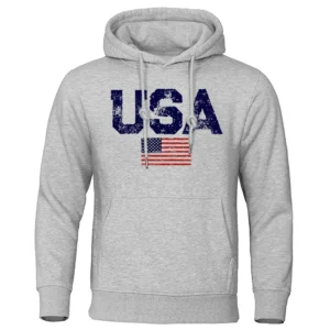 Men's vintage USA flag hip hop streetwear fleece hoodie.