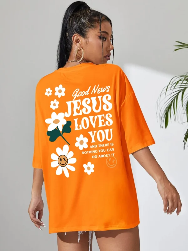 Woman wearing comfortable O-neck "Jesus Loves You" Christian graphic t-shirt for summer against a plain background.