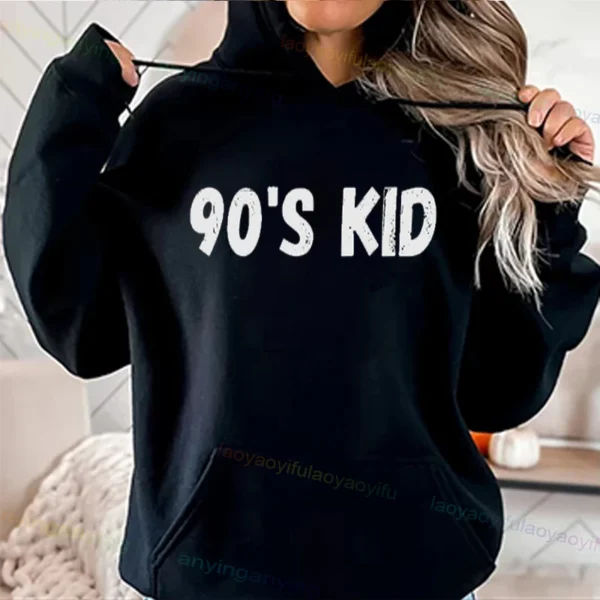 Woman wearing a vibrant neon hoodie with 'Take Me Back To The 90's' graphic print