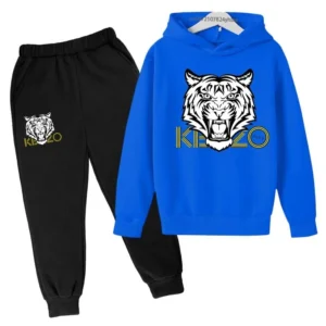 Unisex kids hoodie and pants set with bold tiger head print on the hooded sweatshirt - front view.