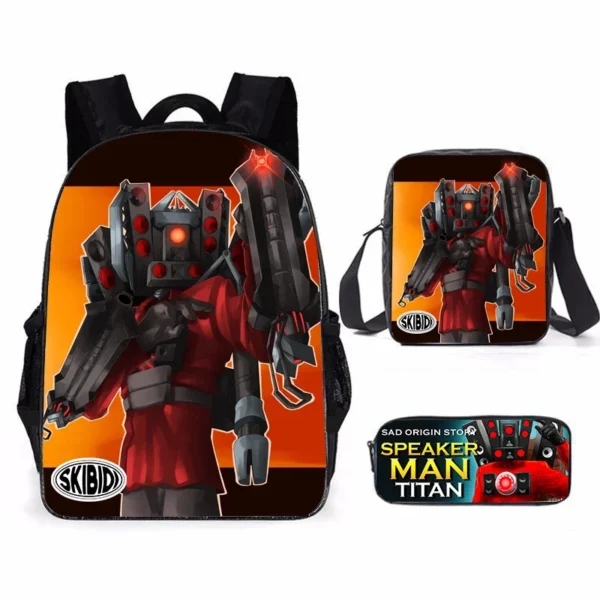 3-piece Skibidi Toilet backpack set for boys with Titan Drillman and Titan Speakerman graphics on durable polyester material.