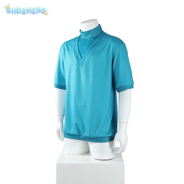 Steve Minecraft cosplay costume set featuring blue pixel-style t-shirt and matching pants displayed on mannequin or model.