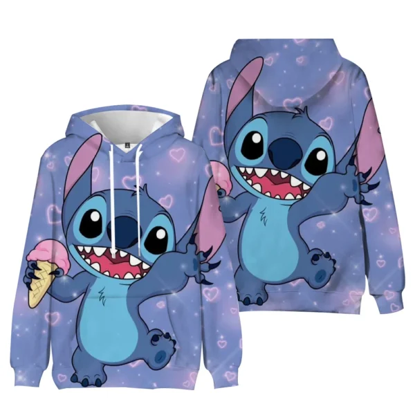 Kawaii Stitch unisex hoodie featuring a cute blue cartoon character print on a comfortable loose-fit sweatshirt.