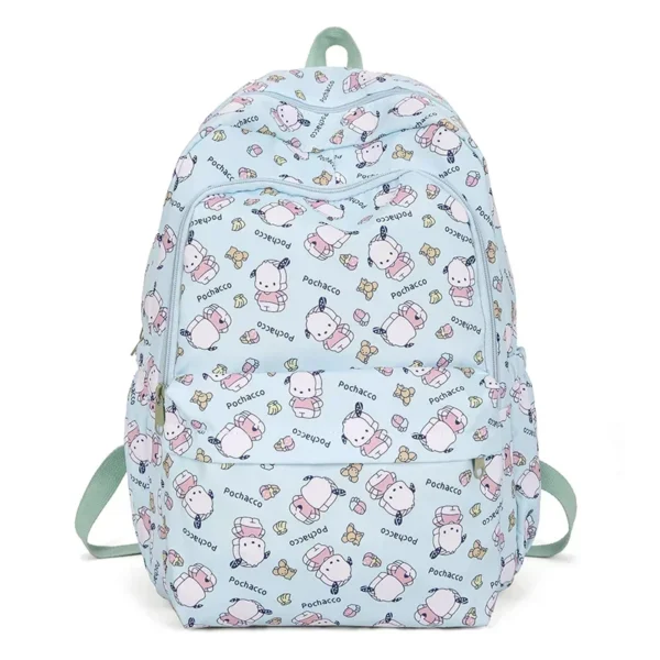 MINISO Sanrio kids school backpack featuring a cute pink and purple Kuromi and Cinnamoroll cartoon print design.