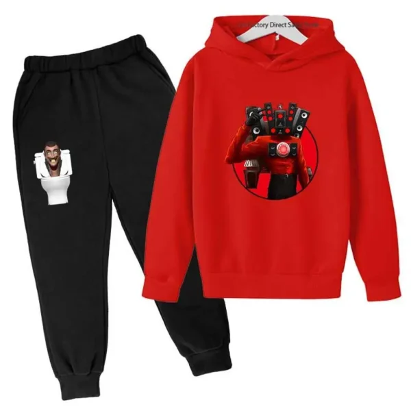 Kids Skibidi Toilet funny cartoon print hoodie and pants tracksuit set (ages 3-13) - front view. ```