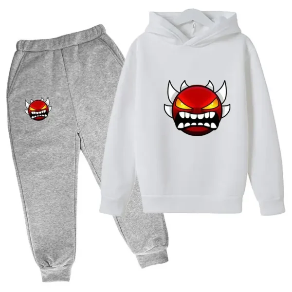 Kids cartoon geometric print pullover hoodie and matching pants tracksuit set for boys and girls.