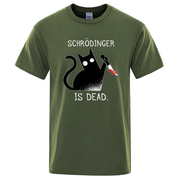 Men's black cotton t-shirt with funny 'Schrodinger Is Dead' black cat physics science graphic.
