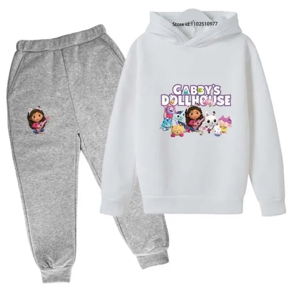 Gabby's Dollhouse kids tracksuit with colourful cartoon print hoodie and matching jogger pants for boys and girls ages 3-13.
