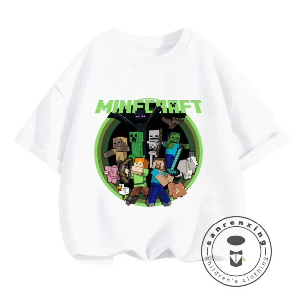 Front view of a boys short-sleeve O-neck t-shirt with a Minecraft graphic print.