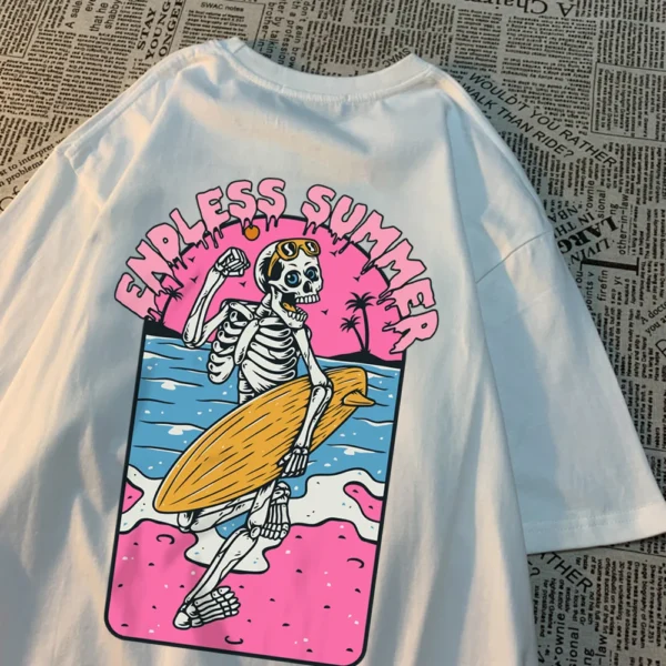 Men's white t-shirt with a skull surfing graphic design.