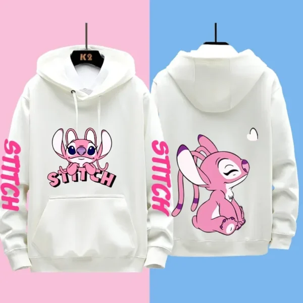 Couple wearing matching grey Disney Stitch pullover hoodies sweatshirt set - official licensed apparel.