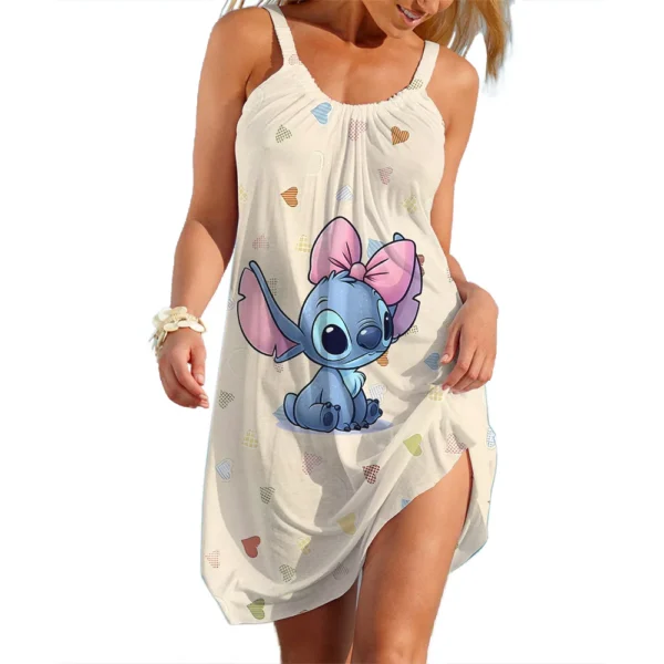 Blue A-line sleeveless sling dress featuring Disney's Stitch character print.