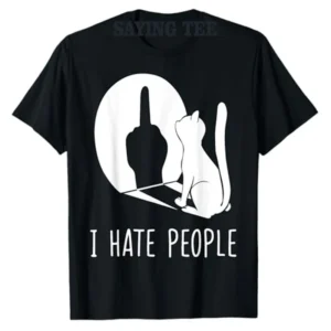 Black t-shirt with graphic: cat shadow giving middle finger below text 'I Hate People'.