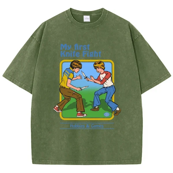 Women's casual streetwear t-shirt with 'My First Knife Fight' cartoon graphic print.