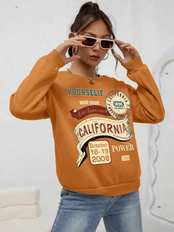 Women's loose fit fleece-lined hoodie sweatshirt with 'California Yourself' letter print on the front.