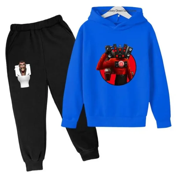 Kids Skibidi Toilet funny cartoon print hoodie and pants tracksuit set (ages 3-13) - front view. ```
