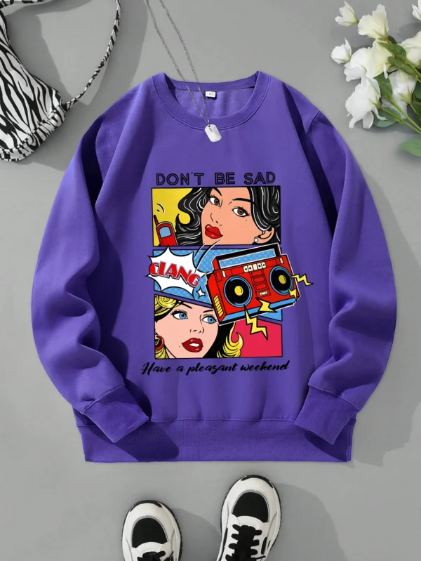 Women's casual warm fleece sweatshirt with a cartoon graphic print.