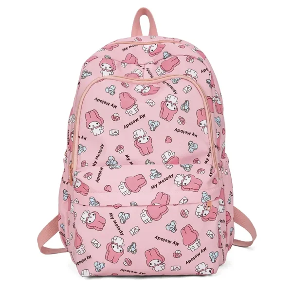 MINISO Sanrio kids school backpack featuring a cute pink and purple Kuromi and Cinnamoroll cartoon print design.