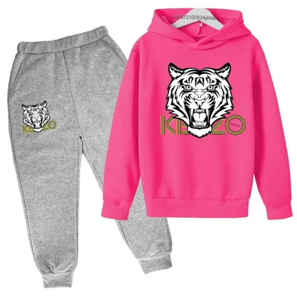 Unisex kids hoodie and pants set with bold tiger head print on the hooded sweatshirt - front view.